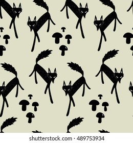 Seamless pattern with stylized wolves and mushrooms. Cartoon style. Nordic style.