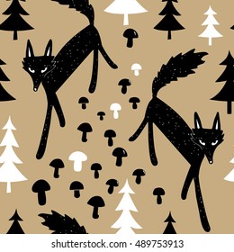 Seamless pattern with stylized wolves, spruces and mushrooms. Cartoon style. Nordic style.