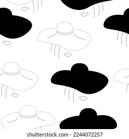 Seamless pattern of a stylized woman face with wide brimmed hat in different positions. Outline