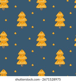 Padrão contínuo com árvores de Natal estilizadas amarelas e flocos de neve caindo no fundo azul escuro para papel de embrulho de inverno e design festivo.