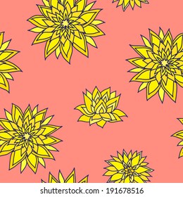 Seamless pattern with stylized yellow flowers on the coral color background