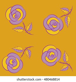 Seamless pattern of stylized yellow, purple and violet roses.