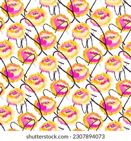 Seamless pattern with stylized yellow roses and ink black hand drawn lines. Trendy fashionable print.