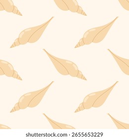 Padrão contínuo com conchas amarelas estilizadas em um fundo creme. Para têxteis de verão e desenhos de praia.