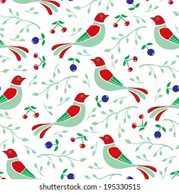 Seamless pattern of stylizes catbirds, berries, branches and leaves