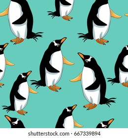 Seamless pattern  Subantarctic  penguin papuan on a blue background 