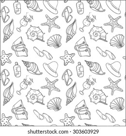 Seamless  pattern from the subjects connected with the sea and a beach.Drawn by hand. Background in vector.