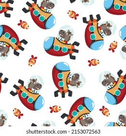 Seamless pattern submarine with cute little horse under sea. Cute Marine pattern for fabric, baby clothes, background, textile, wrapping paper and other decoration.