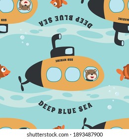 Seamless pattern submarine with cute sailor under sea. Cute Marine pattern for fabric, baby clothes, background, textile, wrapping paper and other decoration.