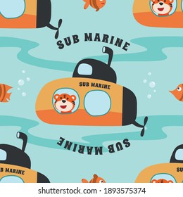 Seamless pattern submarine with cute sailor under sea. Cute Marine pattern for fabric, baby clothes, background, textile, wrapping paper and other decoration.