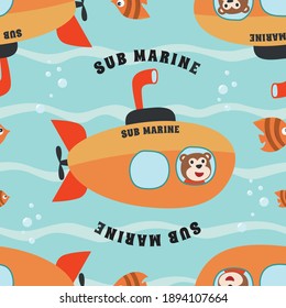 Seamless pattern submarine with cute sailor under sea. Cute Marine pattern for fabric, baby clothes, background, textile, wrapping paper and other decoration.