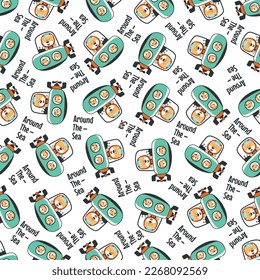 Seamless pattern of submarine with cute sailor under sea. Cute Marine pattern for fabric, baby clothes, background, textile, wrapping paper and other decoration.