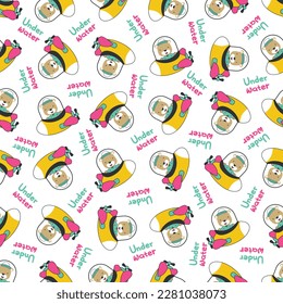 Seamless pattern of submarine with cute sailor under sea. Cute Marine pattern for fabric, baby clothes, background, textile, wrapping paper and other decoration.
