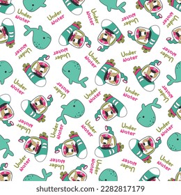 Seamless pattern of submarine with cute sailor under sea. Cute Marine pattern for fabric, baby clothes, background, textile, wrapping paper and other decoration.