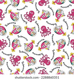 Patrón sin mar de submarino con marinero lindo bajo el mar. Patrón marino para tela, ropa de bebé, fondo, textil, papel de envoltura y otra decoración.