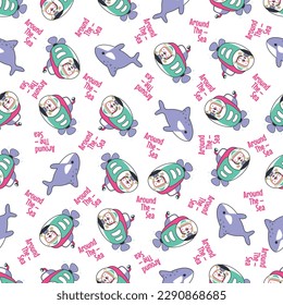 Seamless pattern of submarine with cute sailor under sea. Cute Marine pattern for fabric, baby clothes, background, textile, wrapping paper and other decoration.