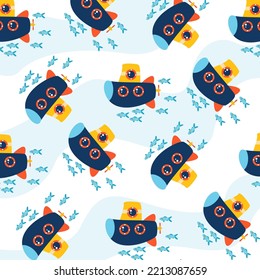Seamless pattern with submarine and fish perfect for wrapping paper