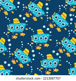 Seamless pattern with submarine and fish perfect for wrapping paper