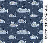 Seamless pattern with submarine with periscope. Underwater transport. Modern print for fabric, textiles, wrapping paper. Vector illustration
