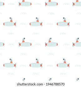 Seamless pattern with submarines. Sea transport. Cute cartoon marine pattern for textile, fabric. Childish print. Vector illustrations