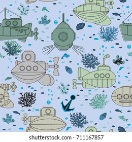 Seamless pattern. Submarines and underwater life of sea.