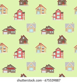 Seamless pattern with suburban houses. Vector background with different building facades. Colorful texture for your design (wrapping paper, fabric, wallpaper, web). Illustration in flat style.