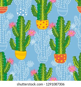 seamless pattern of succulent and cactus on a blue background. vector botanical illustration 