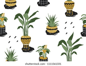 Seamless pattern with succulent and exotic plants. House plants in pots. Can used in fabric, textile, cover, wrapping. 