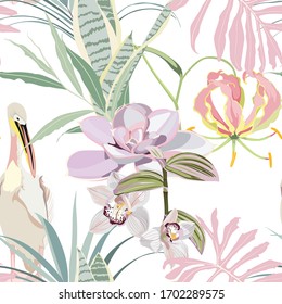 Seamless pattern: Succulent flower plant and pelican, hand drawn beautiful elements. Nature botanical art elegant greenery wallpaper background print design Lovely various echeveria exotic bouquet.