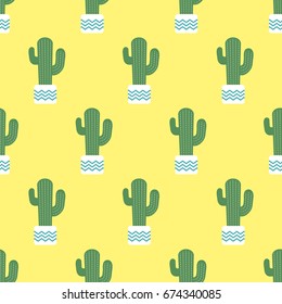 Seamless pattern with succulent in flower pot. Vector background with Mexican cactus