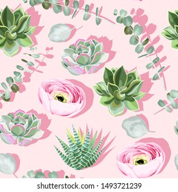 Seamless pattern with succulent on pink background