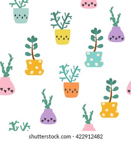 Seamless pattern of succulent plants and cactus in cute pots. Vector isolated illustration for design card, fabric, wallpaper  on white background in retro style. 