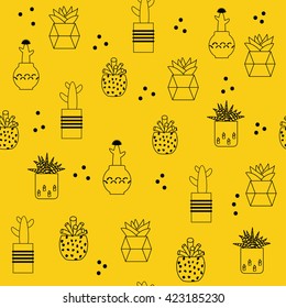 Seamless pattern of succulent plants and cactus in cute pots. Vector isolated illustration for design card, fabric, wallpaper  on white background in retro outline style. 
