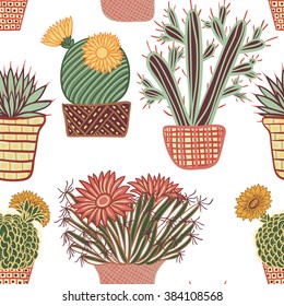 Seamless pattern with succulent plants and cactuses in pots. Vector botanical graphic set with cute florals.