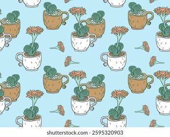 seamless pattern of succulents blooming in teacups, set against a soft blue background. Ideal for textiles, stationery, gift wraps, or digital prints.