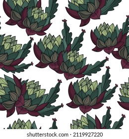 Patrón de suculentos sin foco. Ilustración vectorial botánica. Decoración para el interior y las vacaciones. Flores mágicas. Ingredientes para la poción. Magia. Dibujo multicolor.