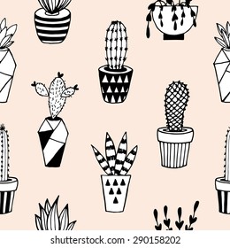 Seamless pattern with succulents and cactus. 