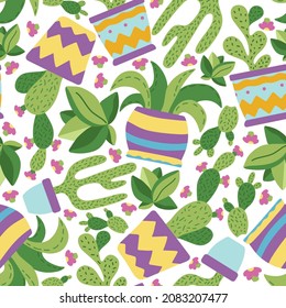 Seamless pattern with succulents and cactus in colourful pots, pattern in doodle hand drawn style. Vector illustration