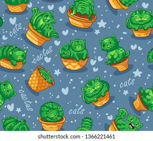 Seamless pattern with succulents and cactus plant in forms of cats. It can be used for sticker, patch, phone case, poster, t-shirt, mug and other design.