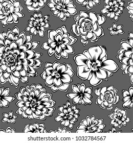 seamless pattern with succulents flowers drawings