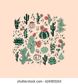 Seamless pattern with succulents and flowers. Vector background 