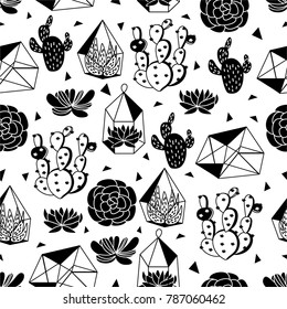 Seamless pattern with succulents and geometric florarium. Black and white stylish hand drawn illlustration. Nordic and scandinavian trendy style. 