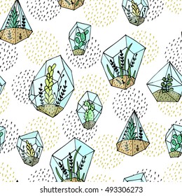 Seamless pattern with succulents in a glass vase. Hand drawn. Vector illustration