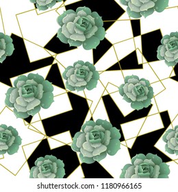 Seamless pattern with succulents and golden frames. Geometrical and botanical vector background.