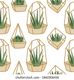 Seamless pattern succulents in golden terrariums, trendy hand drawn home plants in flat style, Scandinavian interior decor. Mexican cacti, wrapping paper and textile. Vector illustration isolated. 