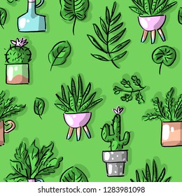 Seamless pattern with succulents, house plants, cacti, flower pots