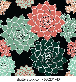 Seamless pattern with succulents on dark background