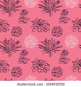 Seamless pattern with succulents on pink background