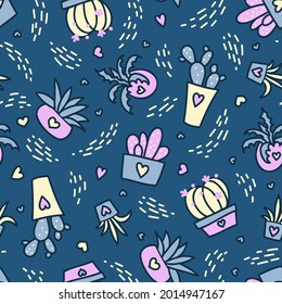 Seamless pattern with succulents in  pots. Lovely background in doodle style.