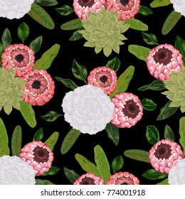 Seamless pattern with succulents and protea flowers and leaves. Decorative holiday floral background. Vintage vector illustration in watercolor style